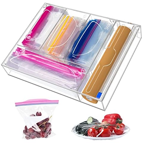 NPPLUS 5 in 1 Bag Storage and Tin Foil Organizer, Acrylic Plastic Wrap Dispenser with Cutter, Food Freezer Bags Holder for Kitchen Drawer, Compatible With Gallon, Quart, Sandwich, Snack Cover