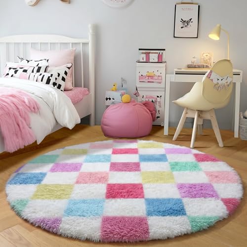 Image of KICMOR Pink Rainbow Round Rugs 5ft for Bedroom Living Room, Cute Fluffy Soft Circle Area Rug Fuzzy Shag Shaggy Carpet, Circular Checkered Rug for Kids Girls Boys Dorm Nursery Home Decor Aesthetic