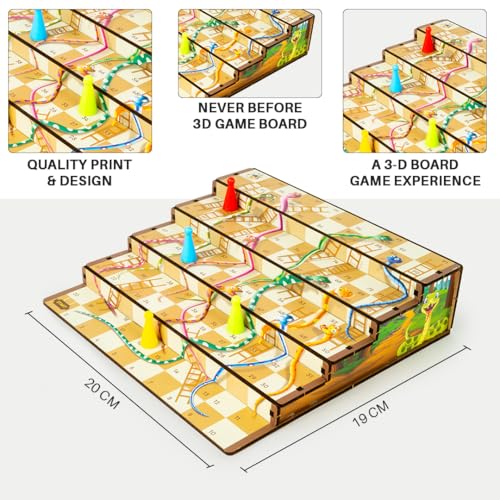 Image of 3D Snakes & Ladders Junior, MDF Wooden Ladder Shaped Board Game for Kids & Adults