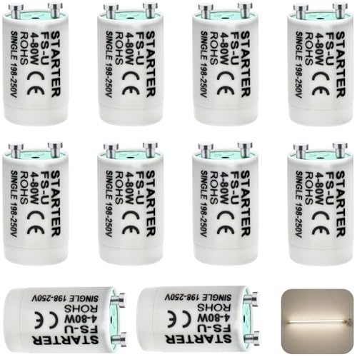 Mythlon 10 Piezas Cebador Fluorescente 4-80W FS-U, Arrancador Universal para Tubos Fluorescentes y Lámparas de Neón, Lighting Starter 200-250V Blanco, Ideal para Iluminación de Oficina y Hogar