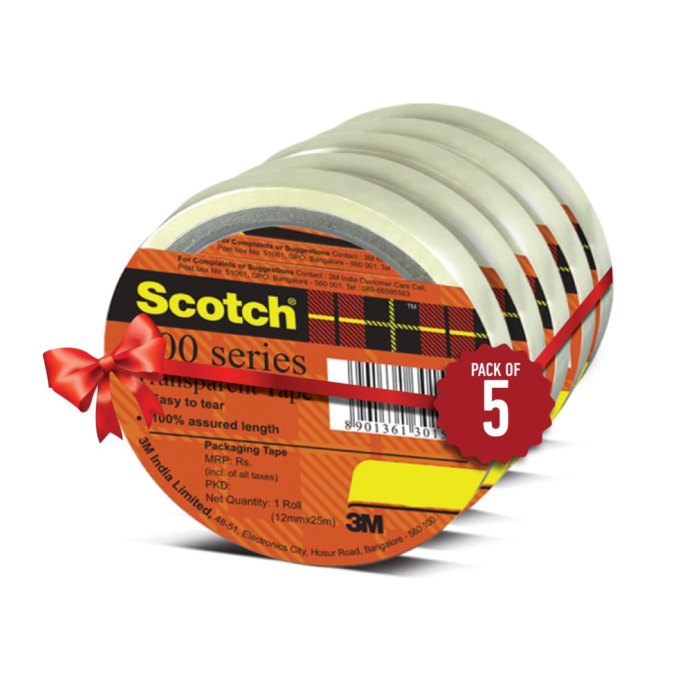 3M Scotch Transparent Tape, 3 Inch Core, 24mm Width – Pack of 5 – Perfect for Packaging & Sealing