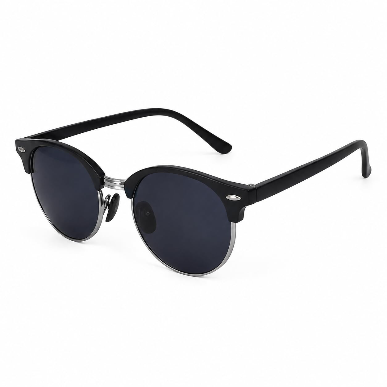 Retro Round Clubmaster Sunglasses, Black Frame, Silver Accent-image-4