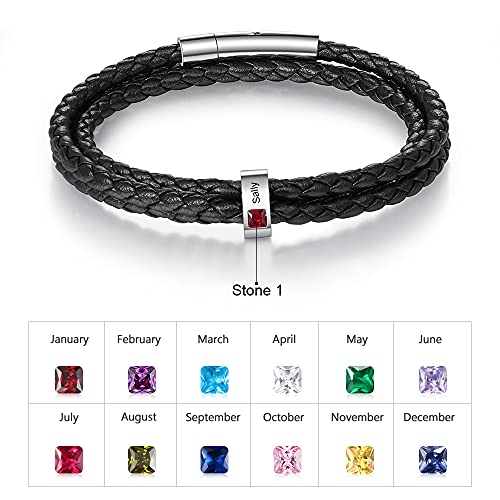 Kaululu Fathers Gifts Custom Leather Bracelet For Men With Birthstone Engraved Stainless Steel Beads Personalized Names Bracelet For Father Husband Boyfriend Boys Birthday Gift (1 Beads) #TOP3