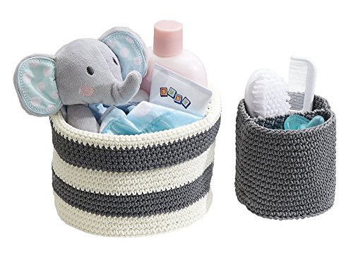 mDesign Hand Knit Round Toy Storage Organizer Basket Bins, for Stuffed Animals, Blocks, Dolls, Costumes, Folds Flat for Compact Storage � Set of 2, Large and Small Containers, Gray and Gray/White