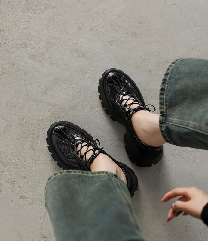 Women’s Chunky Platform Sneakers Mary Jane Shoes Soft Thick Sole Round Toe Hollow-Out Design Fashionable & Comfortable (Black/Silver)4