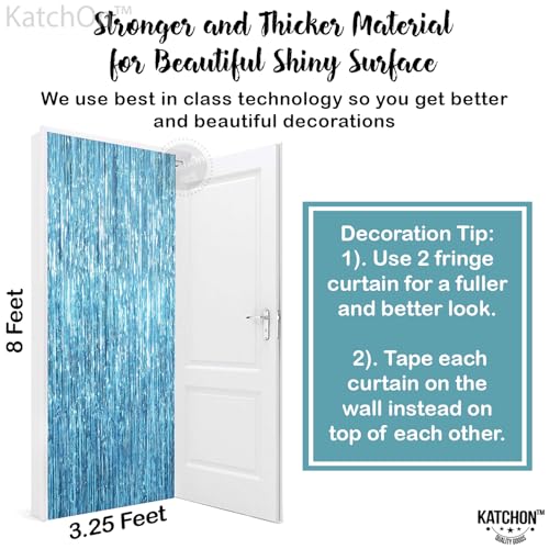 Image of KatchOn, XtraLarge, Blue Foil Fringe Curtain - 8x3.2 Feet, Pack of 2 | Blue Backdrop Curtain for Under The Sea Party Decorations | Ocean Backdrop for Mermaid Birthday Decorations