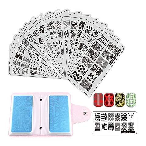 FingerAngel 21Pcs Nail Stamp Plate Set 16Pcs Mix Design Stamping nail Art Plate + 2Nail Stamper + 2Scraper+1Pcs Case Nails Art Stamping Plate Scraper Stamper Set Leaves Flowers Nail plate Cover