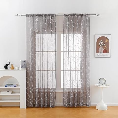 Tony's collection Charcoal Sheer Curtains 84 inches Long, Embroidery Leaf Blossom Light Filtering Window Treatments for Living Room Bedroom (34x84 inch,Charcoal,2 Panels) Cover