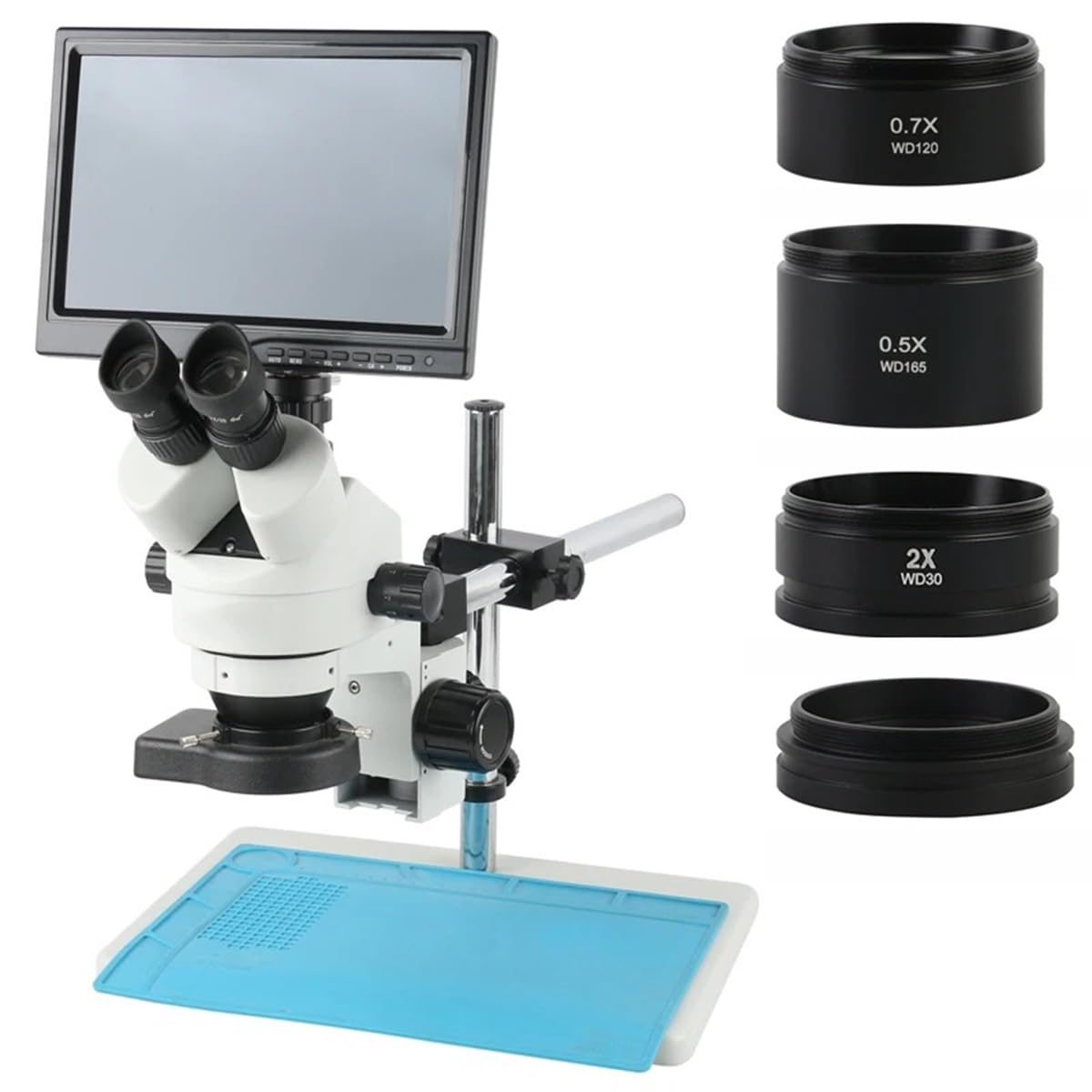 Microscopio Estereoscópico Trinocular Simultáneo con Zoom De 7X A 45X + Objetivo Auxiliar De 0,5X, 2X, 0,7X Y 1X + Cámara Hdmi + Monitor LCD De 10,1" (11,6 Pulgadas)