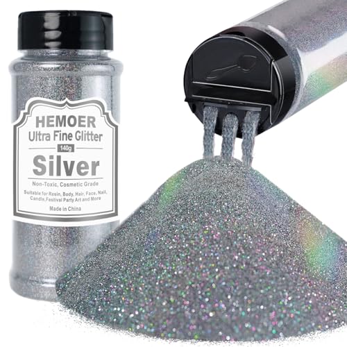 HEMOER Plateado Purpurina Holográfica Ultrafina 140g, Purpurina en Polvo Iridiscente Metálica para Manualidades, Vasos, Resina, artes de Pintura, Epoxi, Cosméticos
