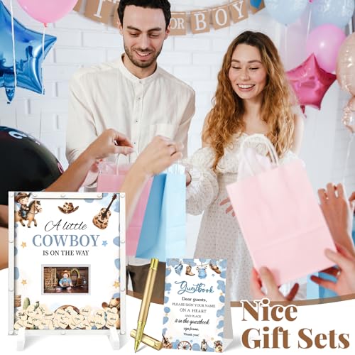 Image of Beeveer 65 Pcs Cowboy Baby Shower Guest Book Alternatives a Little Cowboy is on The Way Decorations Western Baby Shower Party Supplies Sign in Guest Book with Picture Frame and 60 Wooden Chip