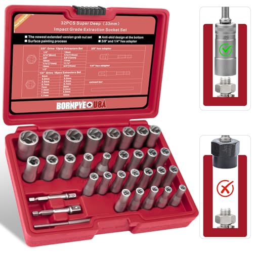 33mm Deep Reach Bolt Extractor Kit, with 3/8, 1/4 Inch Adapter, Ez Out Deep Broken Lug Nut Removal Socket Set, Easy-Out Spark Plug Remover Tool, for Stripped Rusted Bolts, Stud, Nuts Screw (32-Pieces)