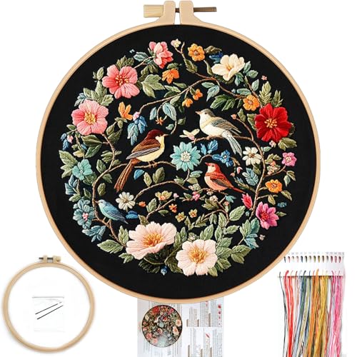 Image of FONNUY Embroidery Kit for Beginners, Birds with Flowers Pre-Stamped Pattern Kits for Adults with Hoop, Easy to Follow Color Thread Needlework, 8'' Hoop (Blue)