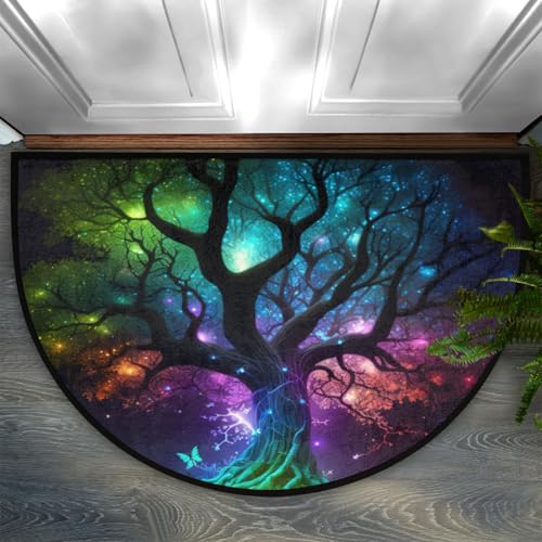Image of Half Round Doormat Tree of Life Butterfly Non Slip Half Circle Area Rugs Indoor Washable Half Moon Rug Semi Circle Bathroom Runner Mat Entrance Floor Carpet for Kithen Bedroom Fireplace Decor