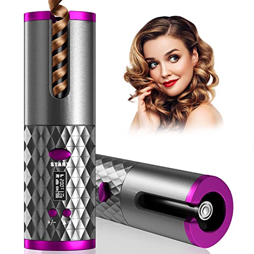 Automatic Curling Iron, Cordless Hair Curler with 6 Temps & Timer, Wireless Rotating Curling Iron, Portable Rechargeable Ceramic Barrel Wave Wand, Fast Heating Spin Hair Curling Irons for Styling
