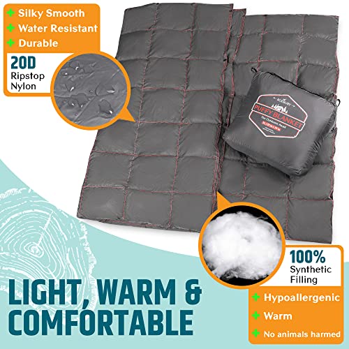 Roebury Puffy Camping Blanket Packable Vegan (Down Alternative) Compact Lightweight Xl Blankets For Outdoor Cold Weather Backpacking Hiking Travel Stadium - Water-Resistant (Lava Gray) #TOP2
