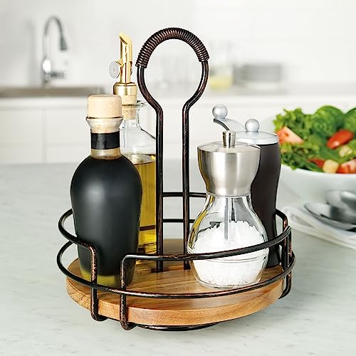 Mikasa Gourmet Basics Hanover Condiment Caddy with Rotating Caddy Organizer Design, Acacia Wood Insert - Durable, BPA-Free, Heavy-Gauge Carbon Structured Steel for Condiment Storage by Gourmet Basics by Mikasa - Image 2