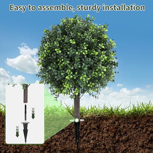 27.2" Artificial Boxwood Topiary Set of 2 with Spike, Fake Plants Boxwood Balls Greenery Bushes, Uv Resistant Artificial Outdoor Plants Shrubs for Front Porch Decor, Home Faux Plants Indoor
