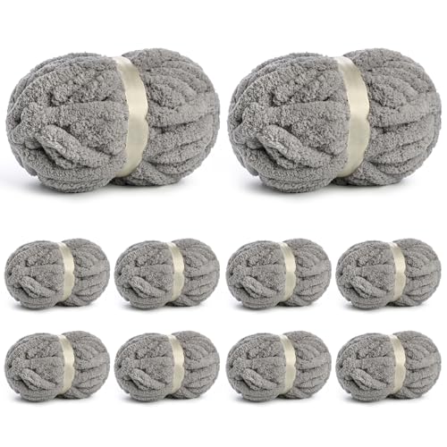 Image of 10 Pack of Jumbo Chunky Yarn for Hand Knitting,10# Super Bulky-Fluffy Chenille Yarn, 220 yds /70.5 oz Soft Thick Yarn for Crocheting Chunky Knit Throw Blankets.(Light Grey)