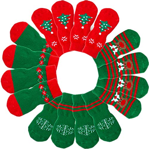 SCENEREAL Small Dog Socks 16 Pcs - 8 Pairs Anti-Slip Indoor Soft Dog Socks for Hardwood Floors Traction Control Xmas Gifts for Puppy Cats Tiny Pets, S