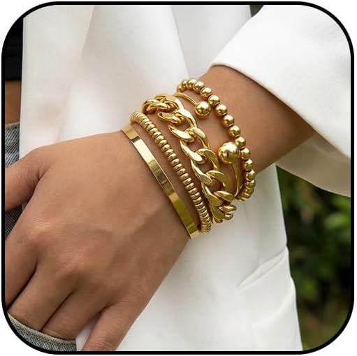 Gold Beaded Bracelets Big Thick Cuban Cuff Large Wrist Beads Ball Stretch Bangle Bracelet Stacks Chunky Stackable Braclet Plus Size Jewelry Pack for Women