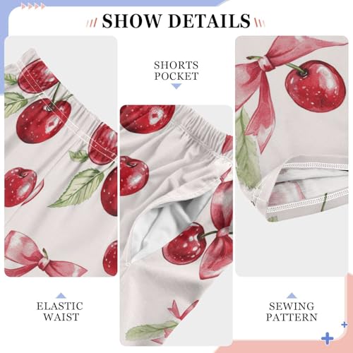 Pajama Bottoms, Cherry Ribbon Bow Pajamas Pant Sleep Long Pants Pink Lounge Wear Elastic Waist Sleepwear Pjs4