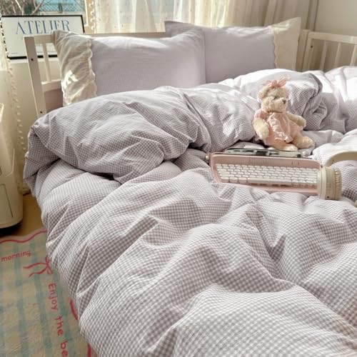 Purple Gingham King Duvet Cover Set with Lace