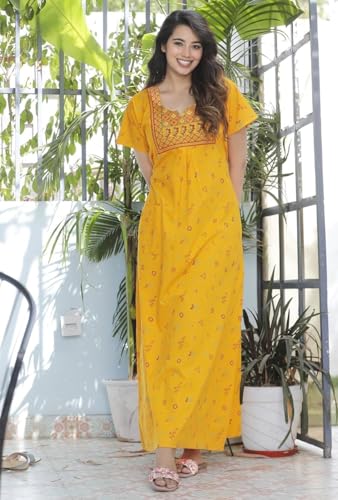 Image of DIAMO Pure Cotton Embroidery Nighty for Women, Cotton Night Gown, Night Maxi Gown, Cotton Nighty with a Pocket and Adjustable Knot