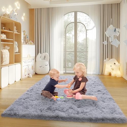 4x6 Rugs for Living Room, Large Fluffy Area Rugs for Bedroom, Soft Carpet Shag Kids Rug with 4 Non-Slip Rug Pads (Light Grey, 4ft x 6ft)