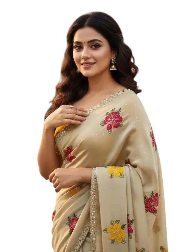Image of Embroidered Floral Saree, Beige with Pink and Yellow Flowers, Sequin Border, Traditional Indian Wear