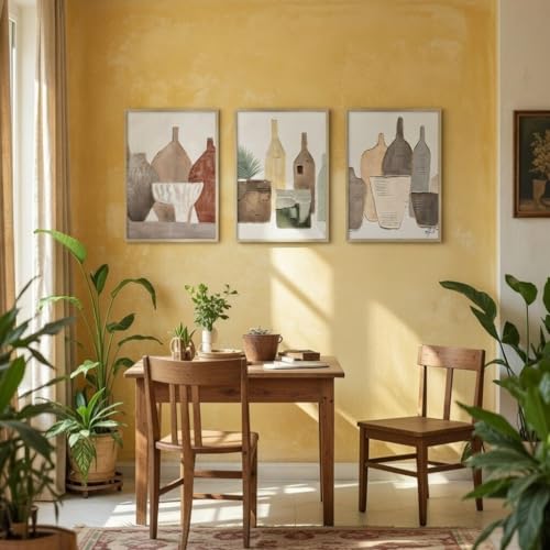 Image of Livin'luxe Set of 3 Abstract Bottle Wall Art Premium MDF Wooden Color Framed HD UV Printed Modern Minimal Decorative Painting for Living Room Bedroom Home Decor 13.5 Inch x 19.5 Inch