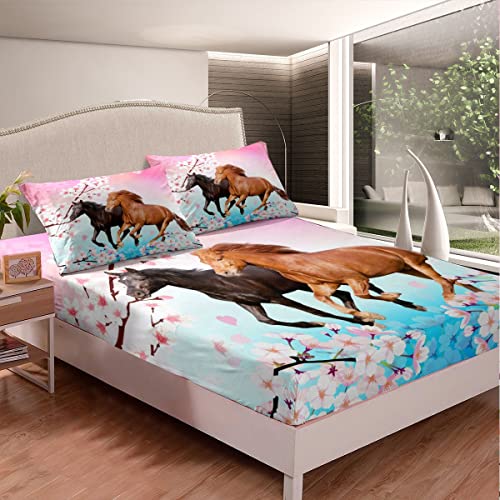 Girls Horse Sheet Set Full Kids Cherry Blossom Galloping Horses Bedding Set Girl Women Soft And Cozy Pink Floral Farmhouse Bed Sheets Set Bedroom 3D Wild Animal Decor Microfiber Bed Set #TOP1