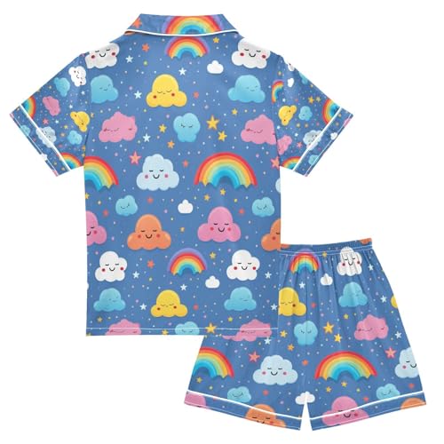 Cloud Rainbow Star Satin Summer Pajama Sets Silk Short Sleeve Button Down Sleepwear2
