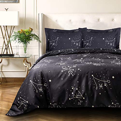 NTBAY Microfiber King Duvet Cover Set, 3 Pieces Ultra Soft Constellation Printed Comforter Cover Set with Zipper Closure and Corner Ties, Black