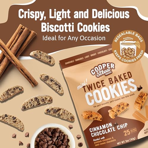 Image of COOPER STREET Twice Baked Cinnamon Chocolate Biscotti Cookies - Crispy Mini Biscotti Cookies Ideal with Coffee - Traditional Low Calorie Italian Snacks - Kosher, Dairy, Peanut & Soy Free (6 Pack)