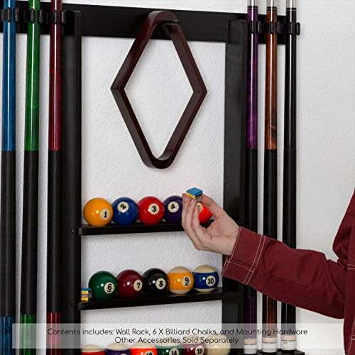 Billiards Xpress Pool Cue Rack - Pool Stick Holder Wall Mount With 16 Ball Holders & 6 Pack Of Chalk - Rubber Circle Pads & Large Clips Prevent Damage - Compact Billiard Table Accessories For Man Cave