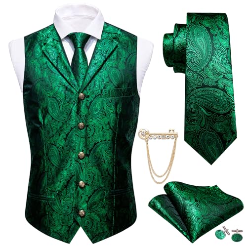Image of Barry.Wang Mens Suit Vest Emerald Green Paisley Silk Jacquard Waistcot Ties Set Formal /Leisure 5PCS