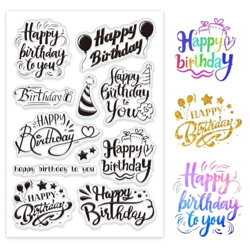 GLOBLELAND Sellos transparentes decorativos de feliz cumpleaños para hacer tarjetas, texto de cumpleaños, sellos transparentes para manualidades, álbumes de recortes, álbumes de fotos, diario,