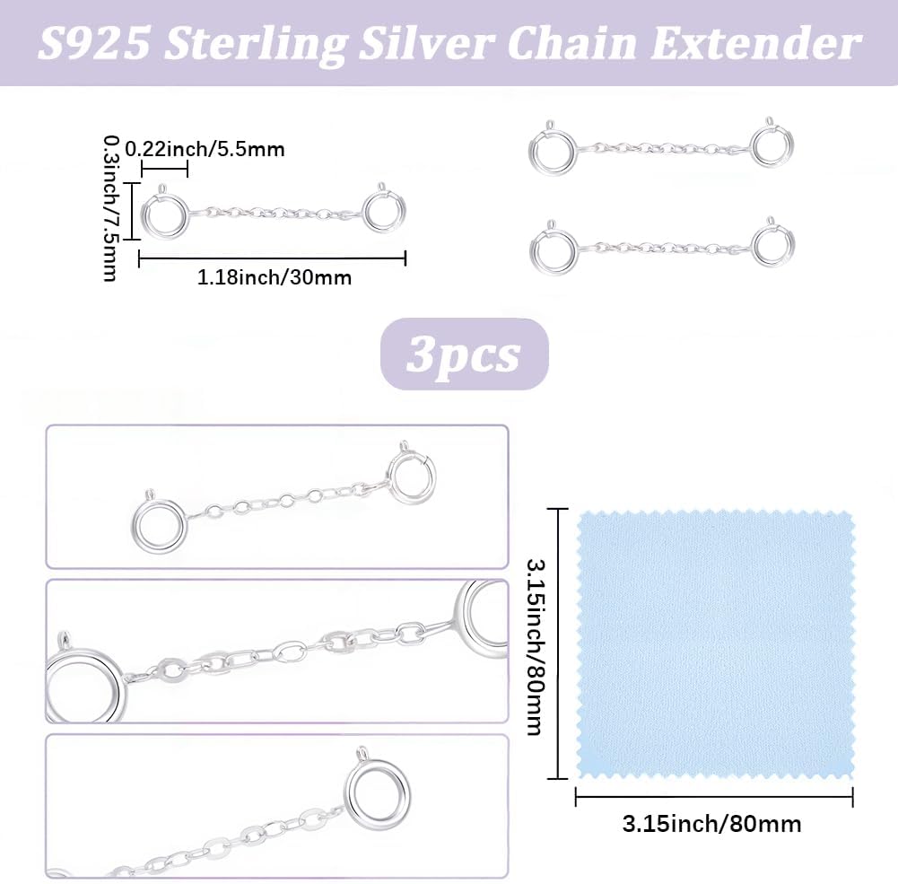 Beebeecraft 3Pcs Double Lobster Clasp 925 Sterling Silver Necklace Extender 1.2in Bracelet Extension Clasp Closure Double End Lobster Claw Clasp for Jewelry Making Supplies