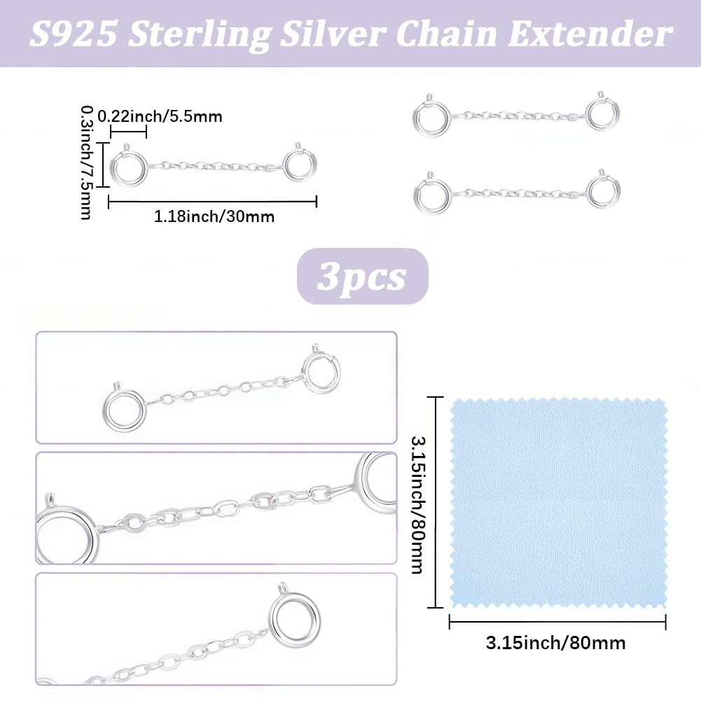 Beebeecraft 3 pz. Estensione per Collana con Doppia Chiusura 925 Chiusure Rimovibili per Braccialetti in Argento Sterling da 1.2 Pollici per Cavigliere Forniture per La Creazione di Gioielli