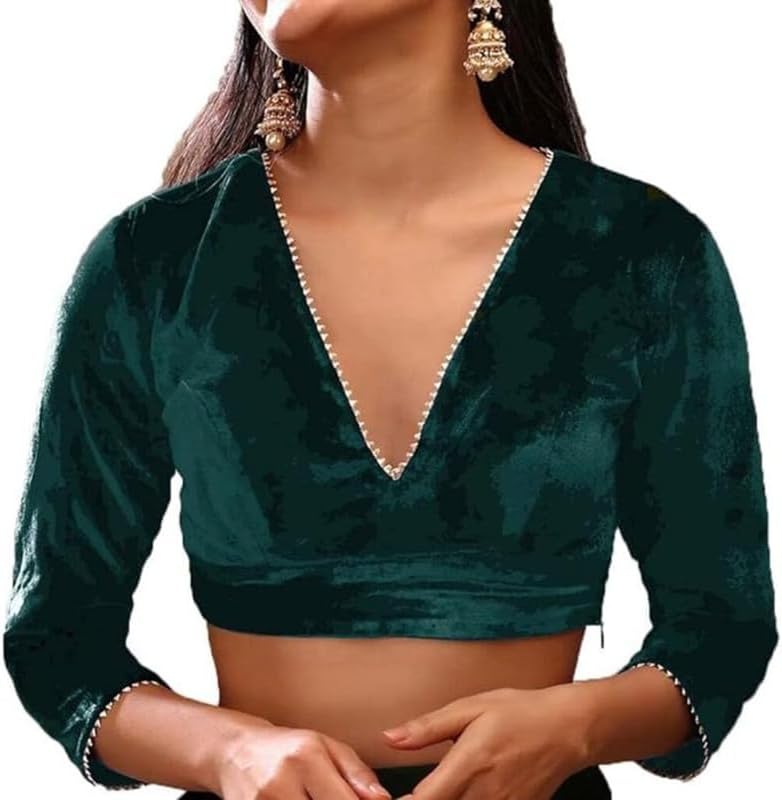 The India's Store Indian Women's Stylist Velvet Saree Blouse Stitched, Sari Choli/Top V-Neck, 3/4 Sleeve with Gotta Patti