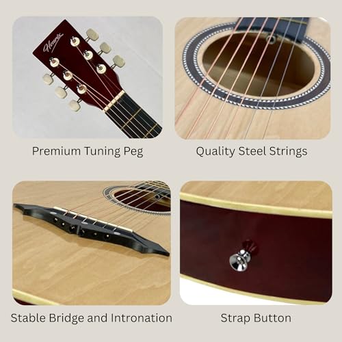 Image of Henrix 38C 38 Inch Cutaway Basswood Acoustic Guitar With Dual Action Truss Rod, Gigbag, Picks, String Set, String Winder, Strap, Polishing Cloth & Ebook - Natural