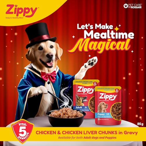 Image of ZIPPY 1-12 Month Puppy Dog Food 4080g, Pack of 48 (85g Each Pack) Chicken & Liver Chunks in Gravy of Real Chicken | Gravy Meal Helps Strengthen Dog's Immune System | Maintaining Strong Bones & Teeth