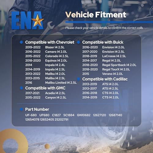 Image of ENA Ignition Coil Pack UF680 Compatible with Chevy Malibu 2.0L 2013-2022, Impala 2.5L 2014-2019, Buick Regal 2.0L 2014-2017, Cadillac ATS 2.0L 2013-2019, CTS 2014-2019 2.0L Set of 4