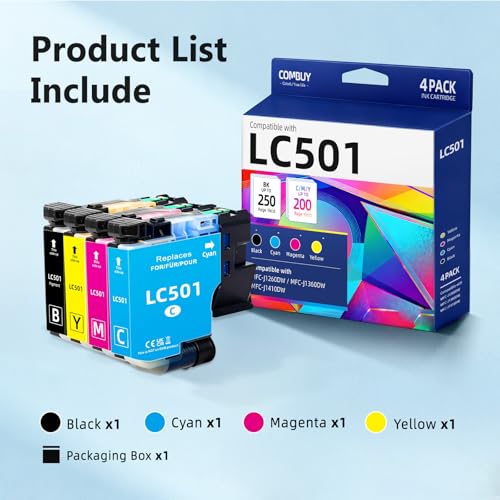 Image of COMBUY LC501 Ink Cartridges 4-Pack Compatible for Brother LC501 LC 501 LC501XL Ink Cartridges LC501BK LC501C LC501M LC501Y use with Brother MFCJ1360dw MFC-J1360DW MFC-J1260DW MFC-J1410DW Printers