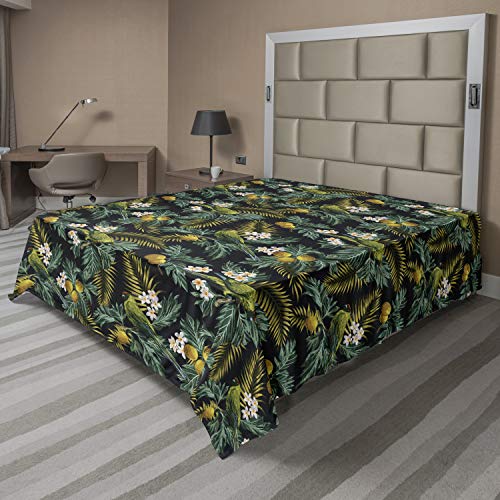 Ambesonne Tropical Flat Sheet, Hawaiian Pattern with Breadfruit Palm Leaf Plumeria Flower and Exotic Bird on Dark, Soft Comfortable Top Sheet Decorative Bedding 1 Piece, Queen Size, Multicolor