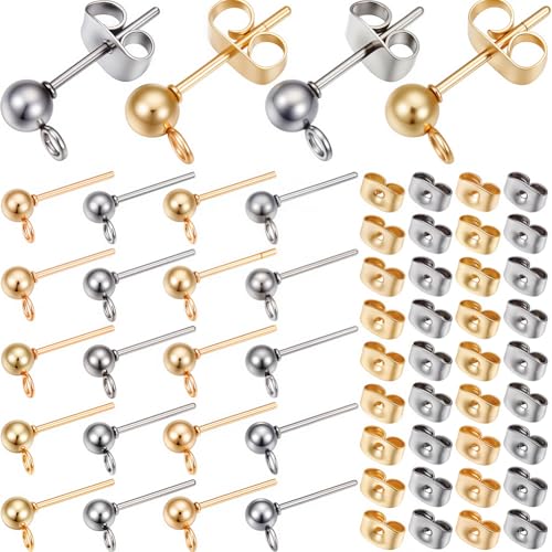 SOFPLATE 1 Box 200Pcs Ball Post Earring Studs Hypoallergenic Earring Posts Silver Stainless Steel Ear Stud with Butterfly Ear Back and Loop Connector Findings for Jewelry Making Supplies DIY