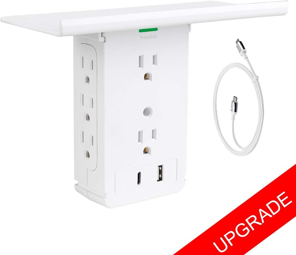 USB C PD 18W Socket Wall Shelf-CFMASTER 10 Port Surge Protector Wall Outlet, 8 Electrical Outlet Extenders and 2 USB Ports 3.4A, with Removable Built-In Shelf and LED Indicator, FCC Listed