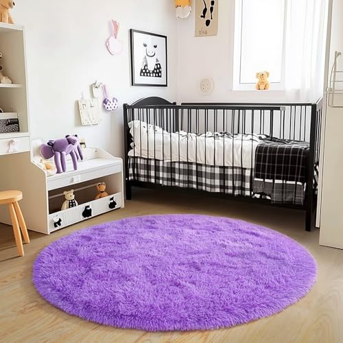 4'x4' Purple Round Rug for Bedroom, Ultra Soft Fluffy Circle Rug for Kids Girls Boys Room, Cute Shag Rugs for Living Room Playroom Teen Room Home Decor Rug
