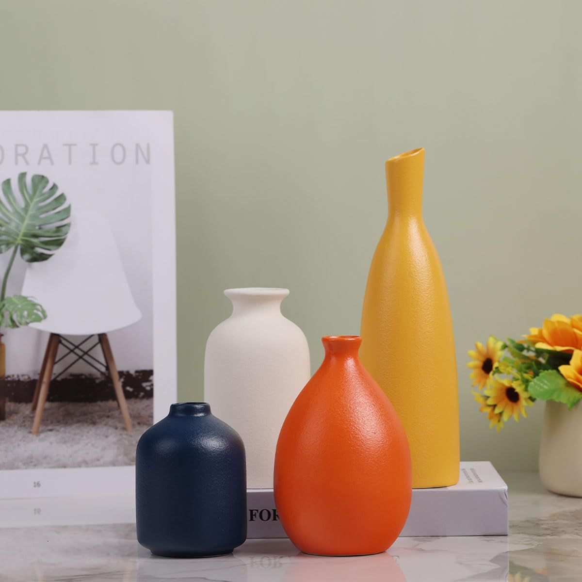 Juego de 4 jarrones de cerámica coloridos, modernos jarrones pequeños, amarillos, naranjas, azules para decoración del hogar, ideales para sala de estar, cocina, oficina, baño, chimenea, entrada, casa
